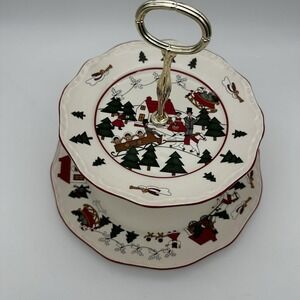 Mason's Christmas Village Ironstone‎ England 2-Tiered Serving Stand Vintage RARE